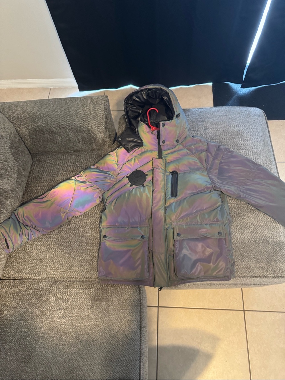 Men's Iridescent Puffer Jacket with Hood - Black Trim